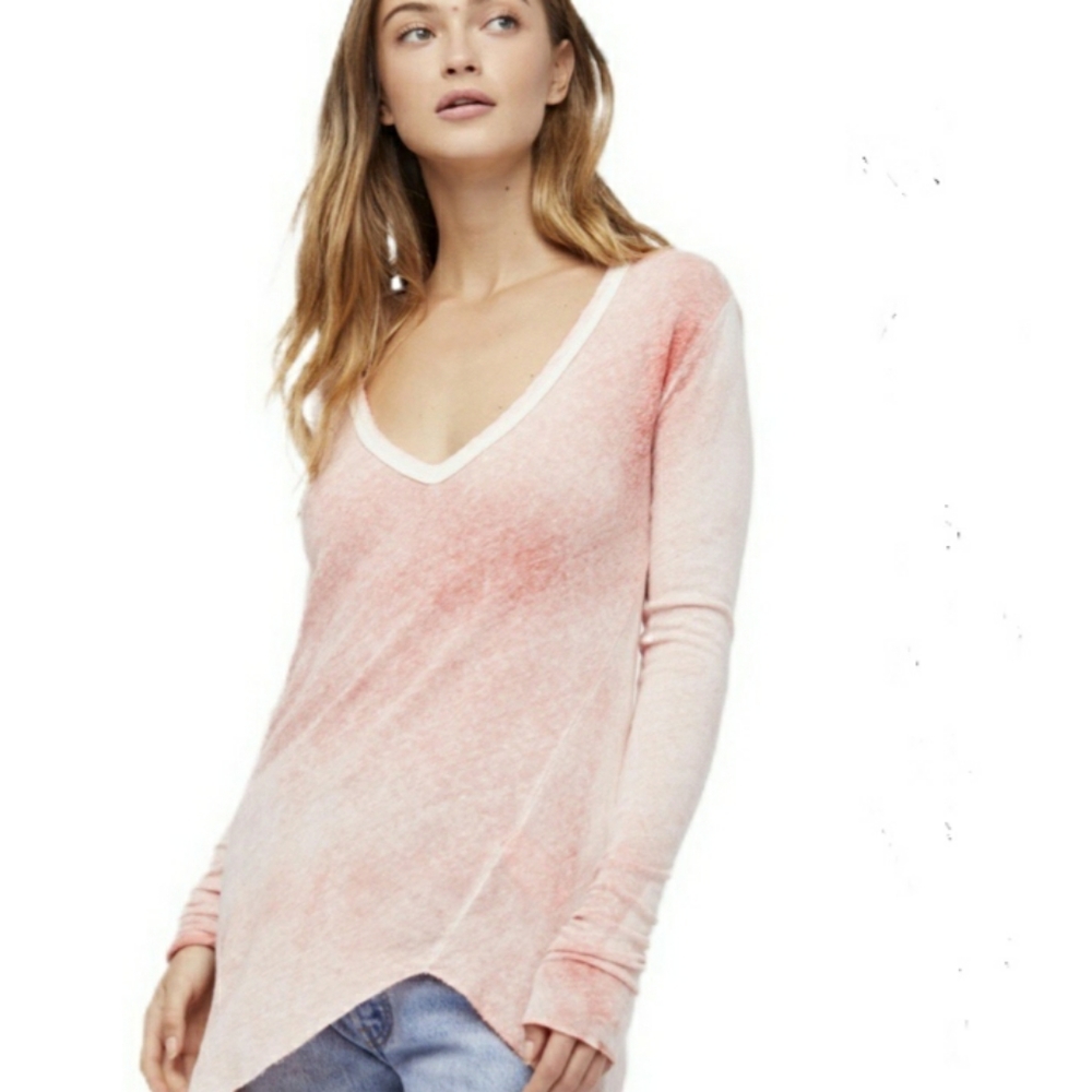 FREE PEOPLE Tunic Tee Red Pink White Light Weight Top Shirt S, XS